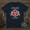 Ryan Clan Irish family crest t-shirt design with Celtic knotwork and wolf symbols