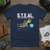 S.T.E.A.L. Strategic Transfer of Equipment T-Shirt design featuring a raccoon with a wrench and a portal, navy blue shirt