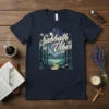 Sabbath Vibes t-shirt design with a serene forest, lake, and flying books, capturing a peaceful spiritual mood