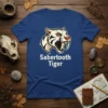 Sabertooth Tiger graphic t-shirt design featuring a fierce white tiger head with orange accents and text