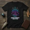 Black t-shirt with a colorful tree of life design featuring SACRED GEOMERTY COSMIC PATTERNS