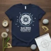 Navy blue t-shirt featuring the Sacred Geometry Flower of Life symbol in white and light blue text