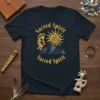 Sacred Spirit Sacred Spirit t-shirt with Kokopelli, sun, and mountain graphic in yellow and blue