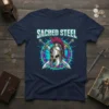 Sacred Steel text above a Spartan helmet with crossed swords, on a navy blue t-shirt