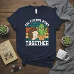 Sad Friends Down Together t-shirt with a crying hedgehog hugging a potted cactus, vintage sunset background, hearts, and bandage