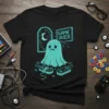 Sad Game Over Ghost T-Shirt with gaming controllers and retro "GAME OVER" sign, teal design on black tee