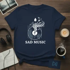 Sad Music T-Shirt with a cracked vinyl record graphic and musical notes, navy blue tee design