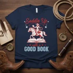 Saddle Up with a GOOD BOOK t-shirt design featuring a cowgirl riding a horse on an open book, red and