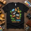 Safari Friends Adventure Team text with cute jungle animals like elephant, giraffe, zebra, tigers, hippo, monkey, and turtle on a