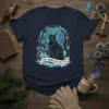 Safe From The Yule Cat t-shirt design featuring a black cat with ram horns, surrounded by a blue, icy, celestial