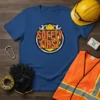 Blue t-shirt with "SAFETY FIRST" text in orange and yellow, featuring a hard hat and wrenches graphic