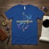 SAGITTARIUS IX zodiac sign t-shirt with a golden bow and arrow, starry galaxy background, and astrological symbol