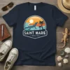 Saint Marie National Park t-shirt design with a blue lizard, palm trees, ocean waves, and a sunset