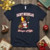 Saint Nicholas Bringer of Gifts t-shirt design featuring Saint Nicholas character with a gift bag and staff