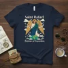 Saint Rafael Patron of Travelers t-shirt design featuring an angel standing on Earth with wings spread, clouds, and airplanes around