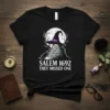 Salem 1692 They Missed One witch hat and broomstick graphic on black t-shirt, Halloween themed design