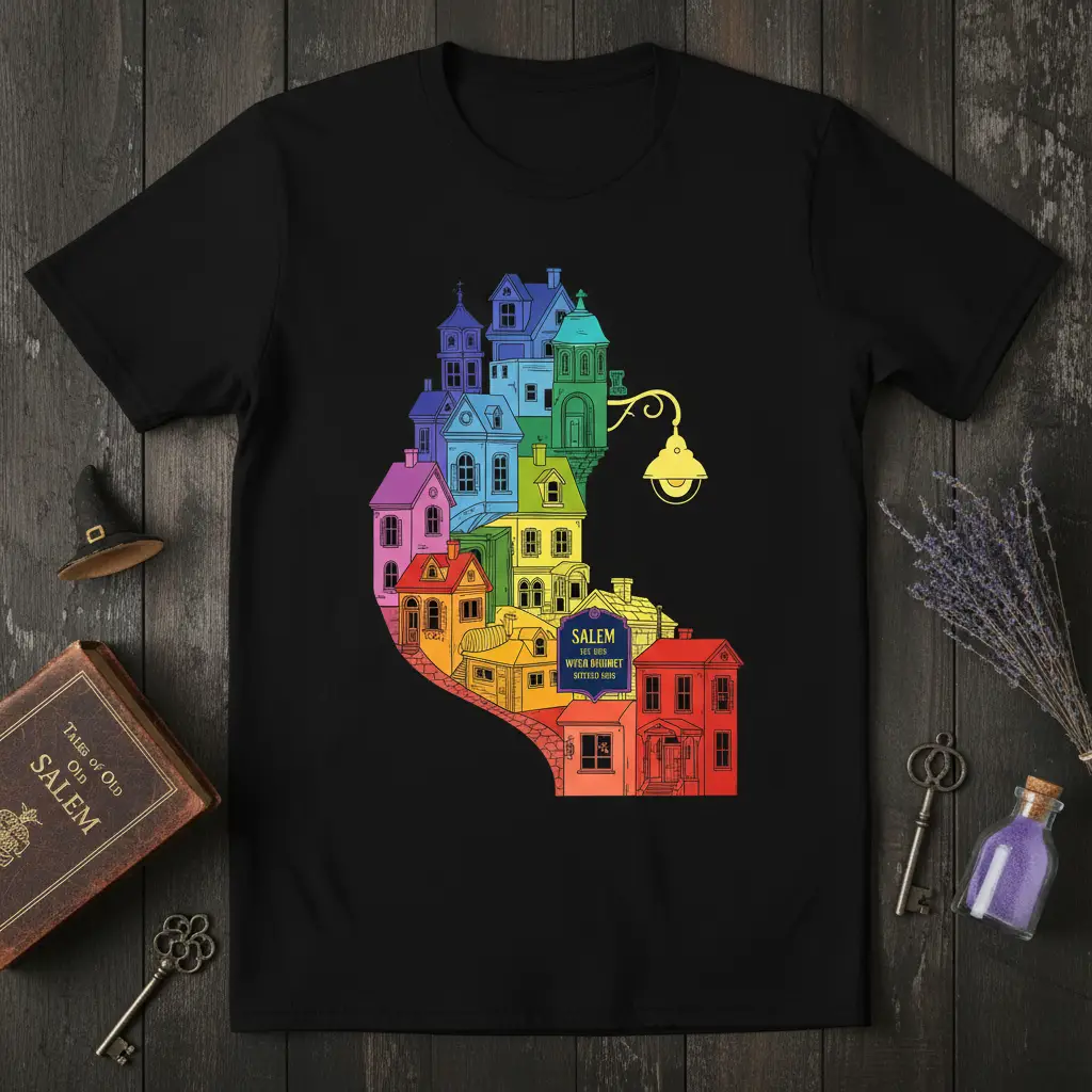 Salem Est 1692 Wysa Brugnet Settled 1619 text on a rainbow-colored illustration of historic Salem buildings and a street lamp