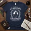 Salem Sanctuary For Wayward Cats T-Shirt with gothic cat graphic and mystical moon, stars, and branches design
