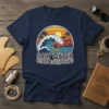 Salt Water Heals Everything text with a surfer riding a wave, palm trees, and a sunset graphic on a navy
