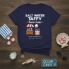 Salt Water Taffy Flavor Codex t-shirt design showing a candy stand, jar of taffy, and text "sweet peppermint base: white