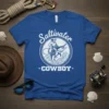 Saltwater Cowboy t-shirt design featuring a cowboy riding a marlin in the ocean waves, with nautical text and stars
