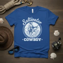 Saltwater Cowboy t-shirt design featuring a cowboy riding a marlin in the ocean waves, with nautical text and stars