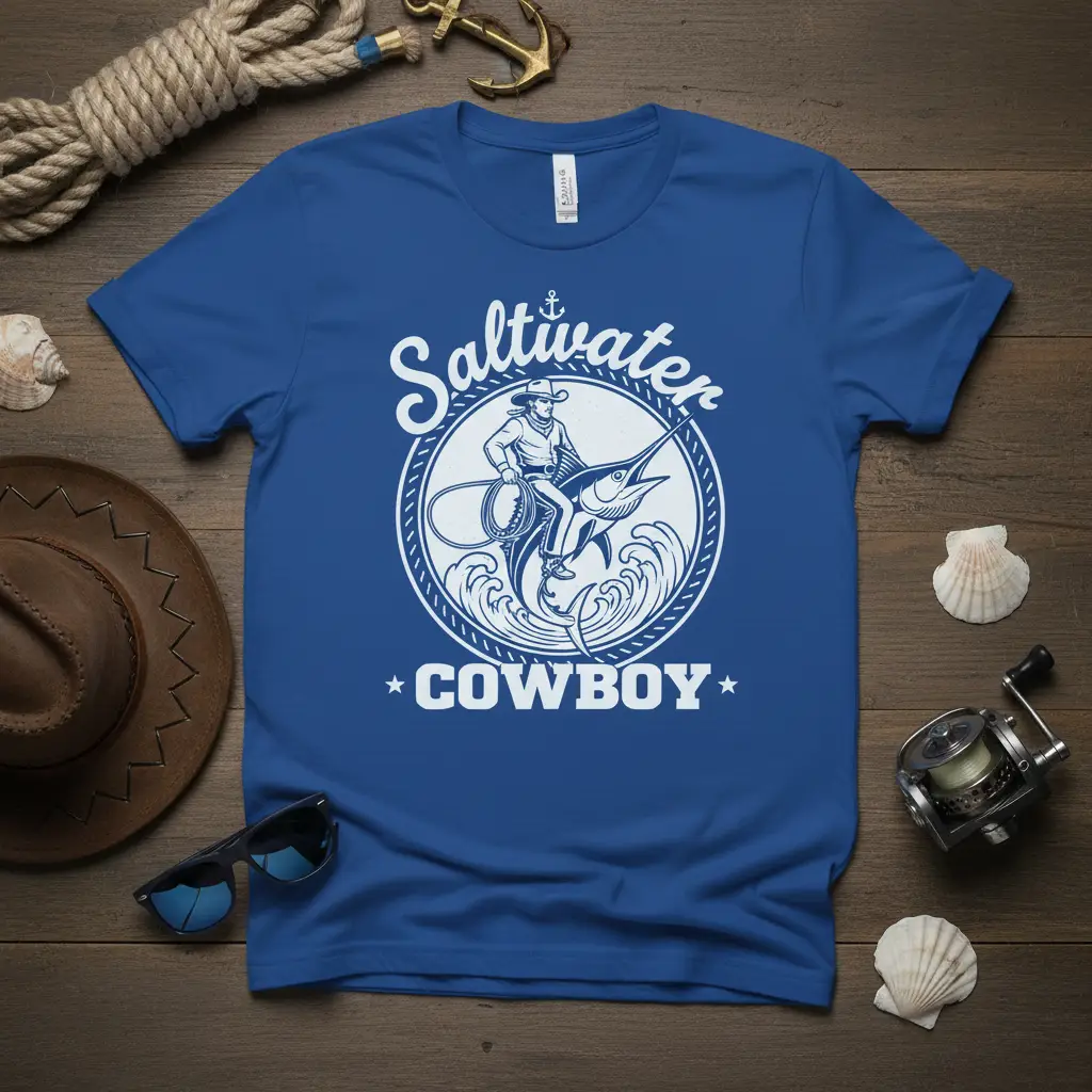 Saltwater Cowboy Fishing T-Shirt Ocean Angler Gift
