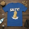 Salty! peanut t-shirt design with a graphic of a peanut splashing in milk and the word SALTY! in bold white
