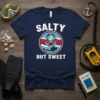 Salty But Sweet t-shirt with a vintage diver graphic and circular design, navy blue tee