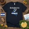 Navy t-shirt with the word Salvadoreña in gothic font above an illustration of El Salvador's map featuring the national flag
