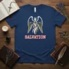 Salvation t-shirt with angel graphic and white text, featuring gold and white wings, dark navy blue shirt