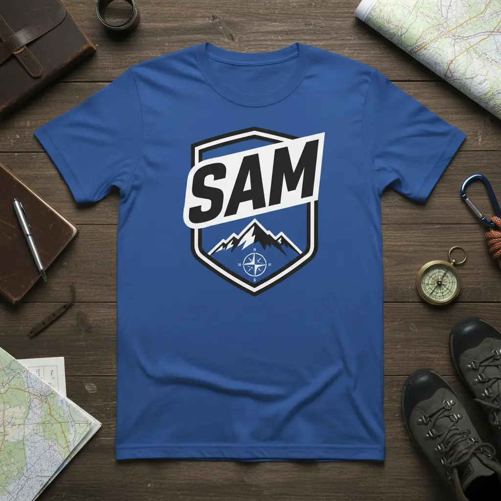 Blue t-shirt featuring the name SAM in a banner above a shield with mountains and compass graphic