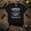 Black t-shirt with white and blue text reading "Samantha Is My Name Fishing Is My Game" and a marlin graphic