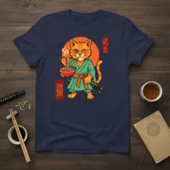 Samurai Cat Eating Ramen unique graphic design printed on comfortable cotton t-shirt