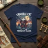 Samurai Cat Master of Silence t-shirt design with a cat in samurai armor holding a bow and arrow