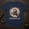 Samurai Cat t-shirt design featuring a white cat in traditional samurai armor holding swords, surrounded by cherry blossoms