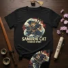 Samurai Cat Warrior Spirit T-Shirt with tiger in armor, Japanese waves, and cherry blossoms