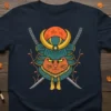 Samurai Cat Warrior T-Shirt featuring a fierce orange cat wearing a detailed samurai helmet and holding crossed swords