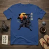 武士猫 Samurai Cat Warrior T-Shirt design featuring a black cat in armor with swords, Japanese torii gate, and sunset