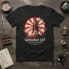 Samurai Cat Warrior's Journey t-shirt design with a cat in samurai armor standing on a mountain under a rising sun