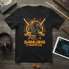Samurai Cyberpunk t-shirt design featuring a robotic samurai helmet with crossed swords and geometric patterns
