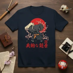 Samurai elephant wearing armor and holding a sword, with Japanese text 奥劇な闘士, cherry blossoms, and a red sun in the
