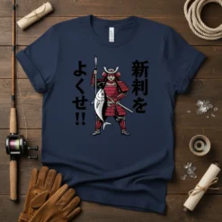 Samurai warrior holding a large fish with Japanese text "新刊を よくせ!!" on a navy t-shirt