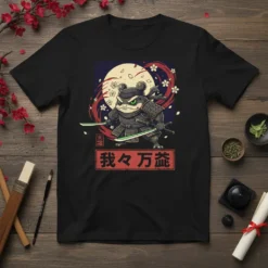 我々万歳 Japanese text with a fierce frog warrior in samurai armor, holding katanas, against a moon and floral background