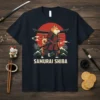 Samurai Shiba T-Shirt design featuring a Shiba Inu dog in samurai armor with a Japanese torii gate and mountains in