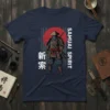 Samurai Spirit New Design t-shirt featuring a warrior in traditional armor against a red sun and bamboo background