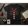 Black t-shirt featuring red and gold Japanese kanji characters 侍創相情 and a samurai helmet graphic
