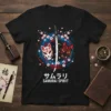 Samurai Spirit T-Shirt with Japanese masks, katana, and cherry blossoms, featuring Japanese text