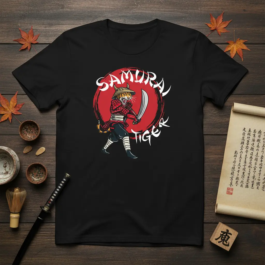 Samurai Tiger design featuring a fierce tiger in traditional armor wielding a sword against a red circle background