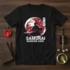Samurai Warrior Code t-shirt design with a warrior in traditional Japanese attire, cherry blossoms, and a full moon